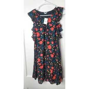 J Crew Womens Sz XXS Midi Shift Dress Black Floral flutter sleeve Key Hole
